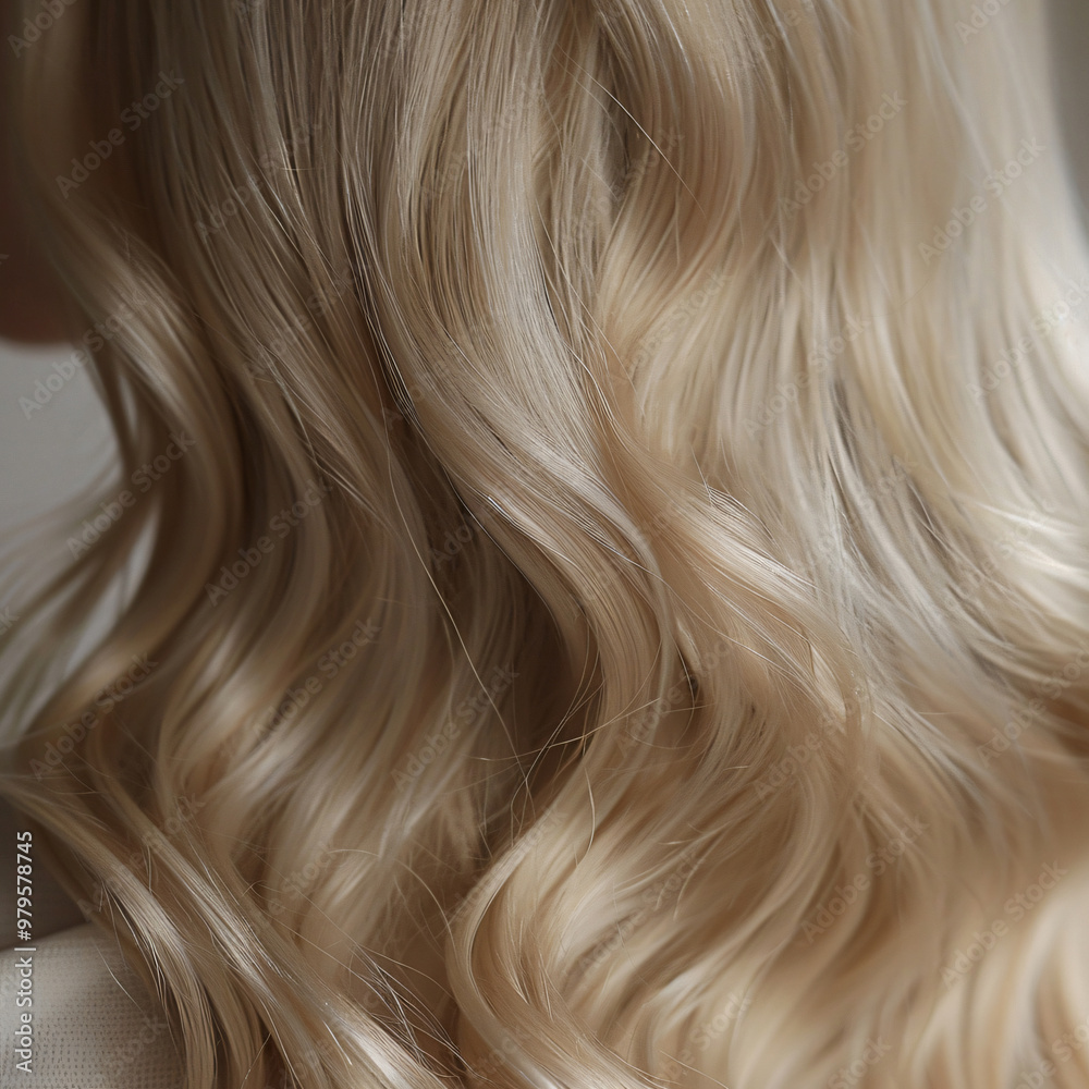 Naklejka premium Detailed close-up of soft, wavy blonde hair with a smooth, glossy texture, showcasing natural waves and healthy shine.