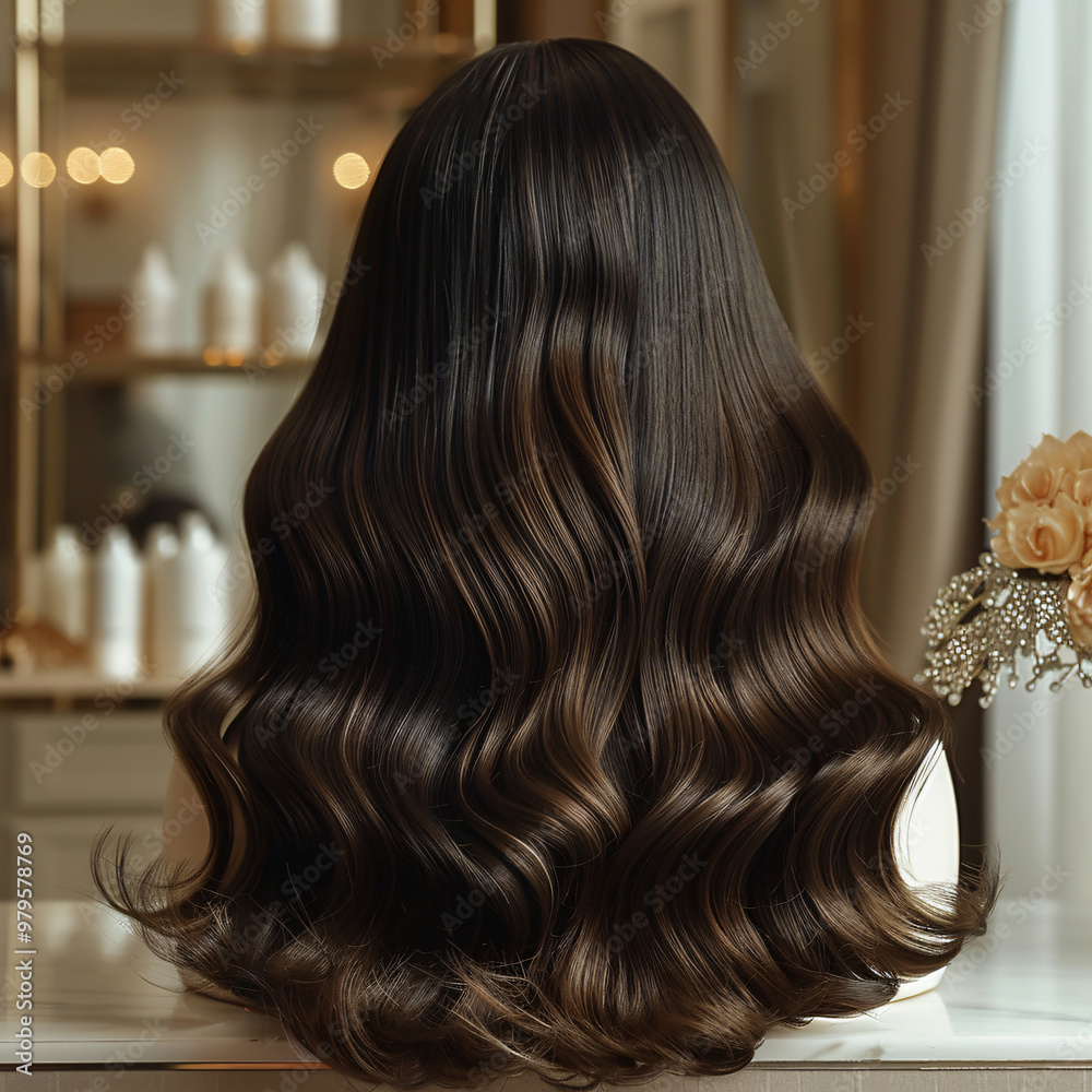 Back view of long, glossy dark brown wavy hair with soft curls, displayed in an elegant salon setting with warm lighting and luxurious decor. Back view of long, glossy dark brown wavy hair with soft curls, displayed in an elegant salon setting with warm lighting and luxurious decor.