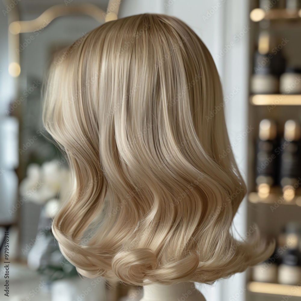 Close-up of a blonde short wavy hairstyle with soft curls, displayed in a bright, elegant salon setting with glossy texture and smooth finish. Close-up of a blonde short wavy hairstyle with soft curls, displayed in a bright, elegant salon setting with glossy texture and smooth finish.