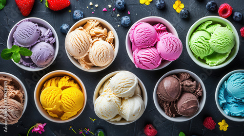 Varied bright ice cream scoops of different flavours and tastes, with chocolate, fruits, and nuts top view. Colorful sorbet background