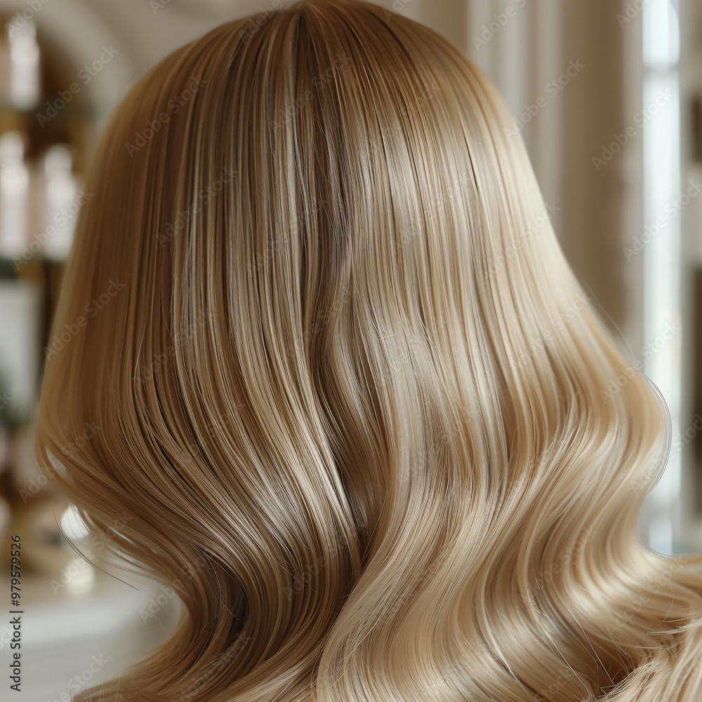 Close-up of smooth blonde wavy hair featuring soft, flowing curls, highlighted with a glossy shine and natural texture in an elegant setting. Close-up of smooth blonde wavy hair featuring soft, flowing curls, highlighted with a glossy shine and natural texture in an elegant setting.
