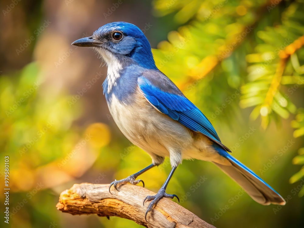 Vibrant western scrub jay perches on a gnarled branch, its bright blue and white feathers glistening in the warm sunlight of a serene woodland landscape. Vibrant western scrub jay perches on a gnarled branch, its bright blue and white feathers glistening in the warm sunlight of a serene woodland landscape.