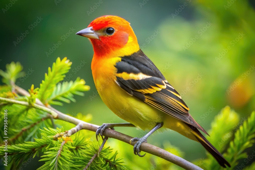 Vibrant western tanager perched on a branch amidst lush green foliage, showcasing its striking orange head, yellow body, and black wings with subtle wingbars. Vibrant western tanager perched on a branch amidst lush green foliage, showcasing its striking orange head, yellow body, and black wings with subtle wingbars.