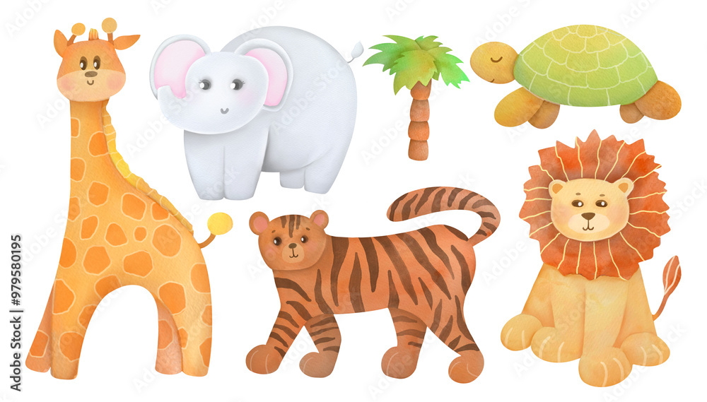Naklejka premium children's cute animal set, elephants, lions, giraffes, turtles, tigers and palm tree hand drawn watercolor illustrations collection isolated. African tropical forest animals