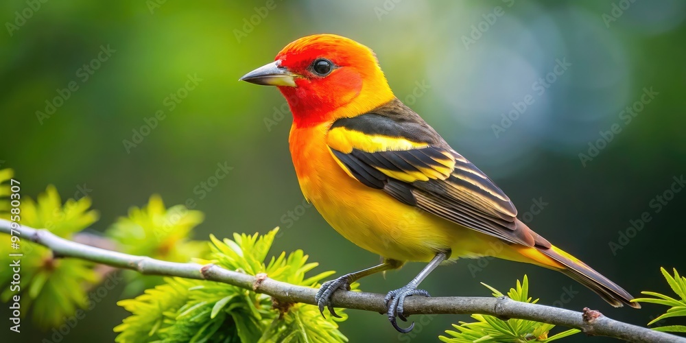 Vibrant western tanager perches on a branch, showcasing its striking orange head, yellow body, and black wings, against a blurred green foliage background. Vibrant western tanager perches on a branch, showcasing its striking orange head, yellow body, and black wings, against a blurred green foliage background.