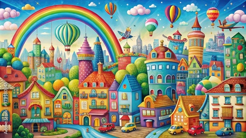 Vibrant, whimsical illustration of a fantastical cityscape with rainbow-colored buildings, wacky transportation, and playful creatures, perfect for humorous and lighthearted designs.