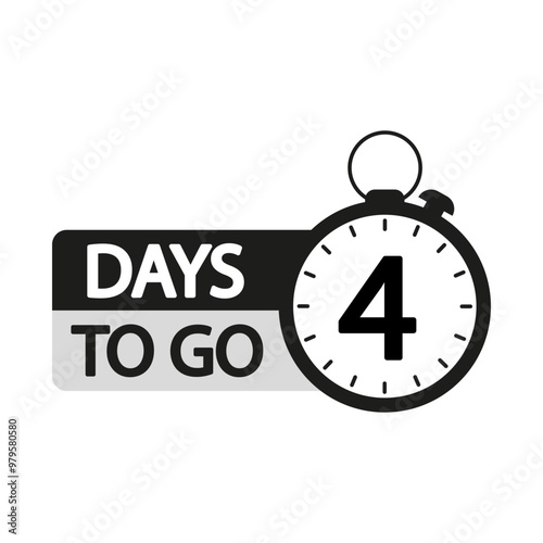 Countdown timer illustration. Number four focus. Bold 4 days to go text. Monochrome stopwatch icon.