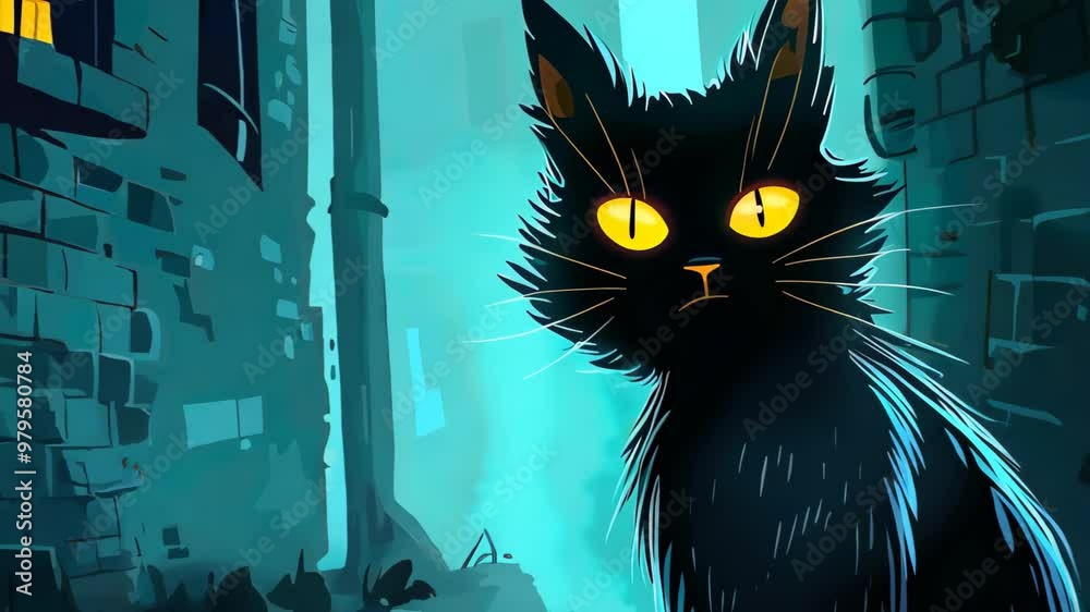 A mystical black cat with glowing yellow eyes stands in a narrow, dimly ...