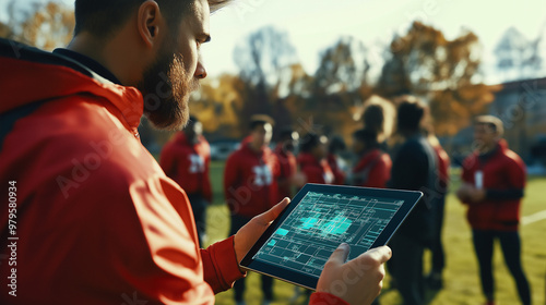 football coach holding a tablet with a game plan on screen