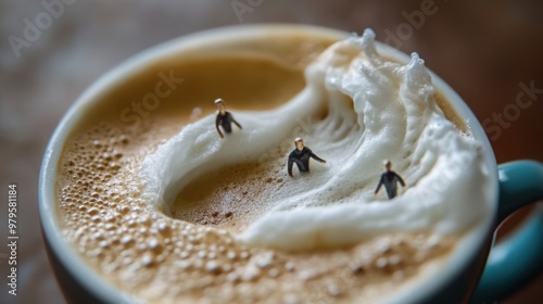  tiny people swimming in a large cup of coffee, using the foam as waves.  photo