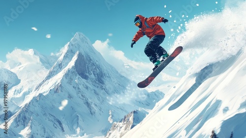 Snowboarder jumps in mountains.