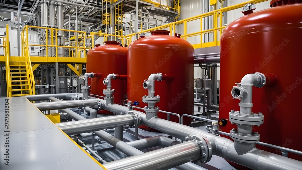 Industrial Precision: Red Pressure Vessels in a Modern Plant Industrial Precision: Red Pressure Vessels in a Modern Plant