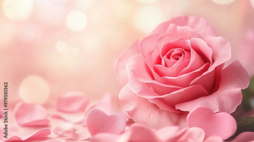 Banner Of Soft Pink Rose With Heart Shaped Petals On Romantic Background - Valentine's Day Concept with generative ai Banner Of Soft Pink Rose With Heart Shaped Petals On Romantic Background - Valentine's Day Concept with generative ai