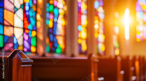 Stained glass windows fill the church with warm sunlight during morning service