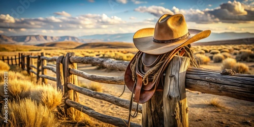 Weathered cowboy hat rests on a worn saddle slung over a rustic wooden fence, surrounded by tumbleweeds and vast, dusty open range landscape. photo