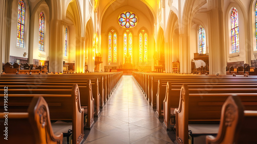 Morning sunlight streams through stained glass, lighting up an empty church interior