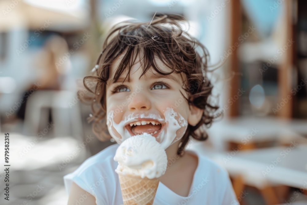 Carefree and youthful boy's innocence and delight captivate viewer. Friendly small boy radiates joy picturesque outdoor backdrop. Child relishes the taste of cold creamy ice cream. Carefree and youthful boy's innocence and delight captivate viewer. Friendly small boy radiates joy picturesque outdoor backdrop. Child relishes the taste of cold creamy ice cream.