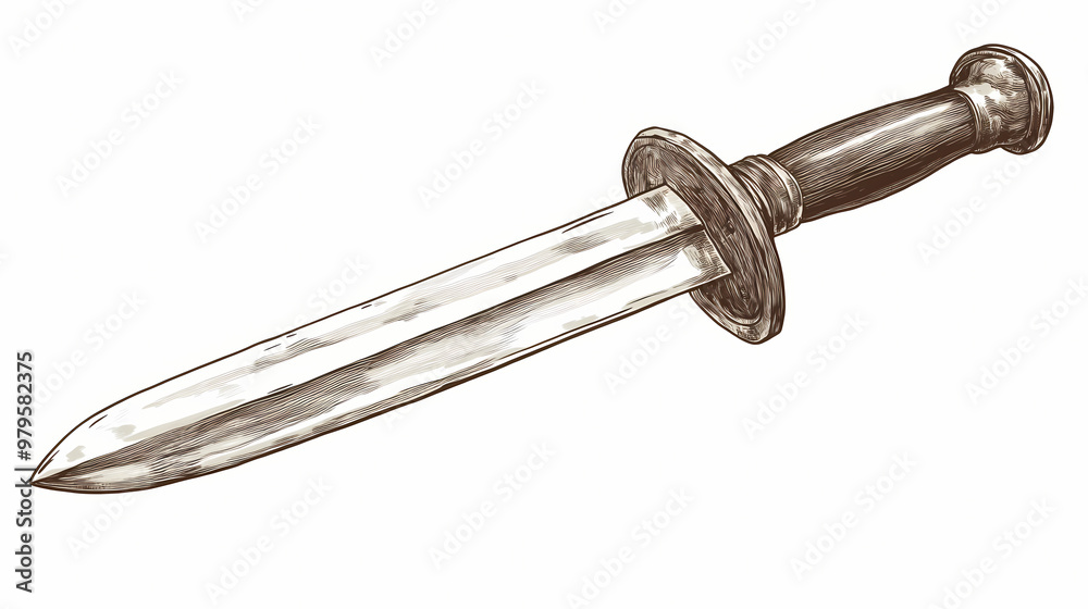 A bayonet with a wooden handle, military weapon, soft sepia tones, isolated on white background. Sepia Tones. Illustration A bayonet with a wooden handle, military weapon, soft sepia tones, isolated on white background. Sepia Tones. Illustration