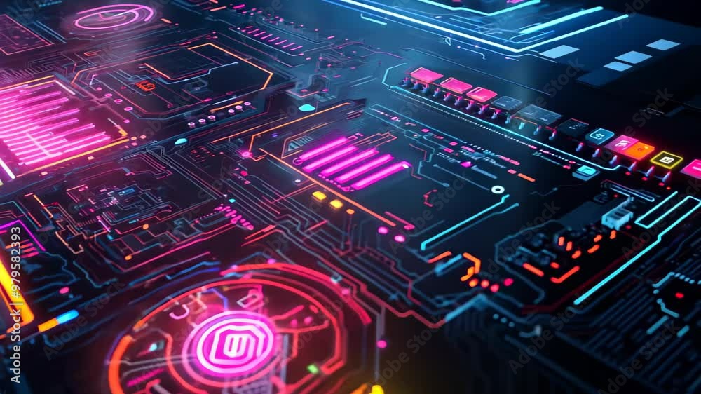 A vibrant digital interface showcases glowing circuit patterns and colorful data graphics against a dark background. Ideal for projects in cybersecurity, digital marketing, or software development.
