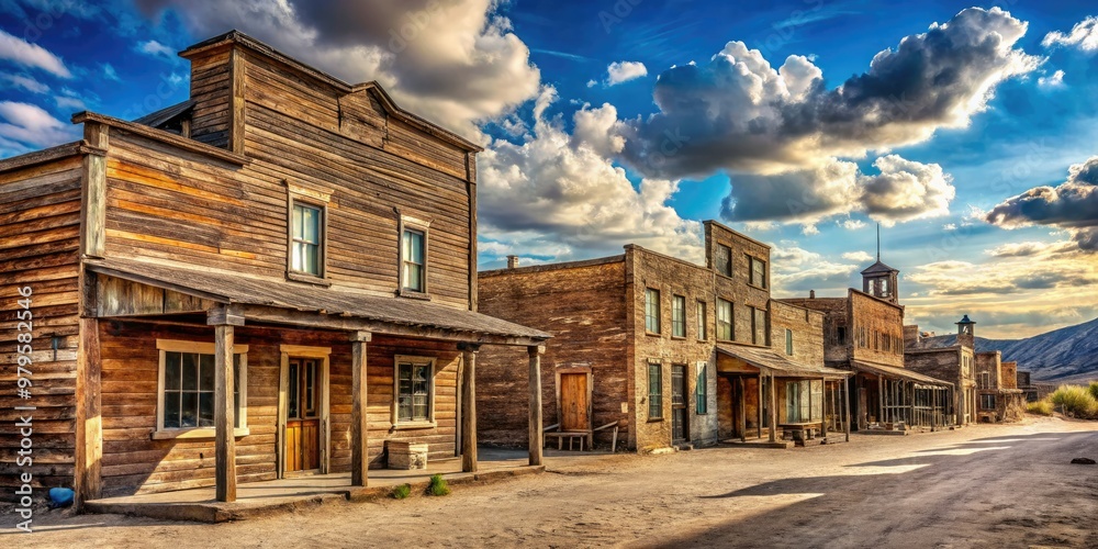 Weathered wooden saloon and adjacent faded brick buildings line a dusty main street, evoking a nostalgic sense of the American Old West. Weathered wooden saloon and adjacent faded brick buildings line a dusty main street, evoking a nostalgic sense of the American Old West.