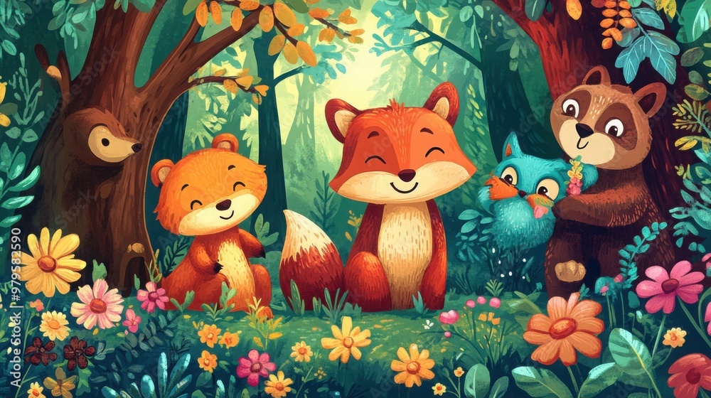 Fototapeta premium animals in a forest, including a smiling fox, bear, and owl, surrounded by trees and flowers.