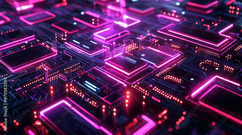 Digital circuit board pattern with glowing connections creates vibrant and futuristic atmosphere. intricate design showcases technologys beauty and complexity, evoking sense of innovation and exciteme