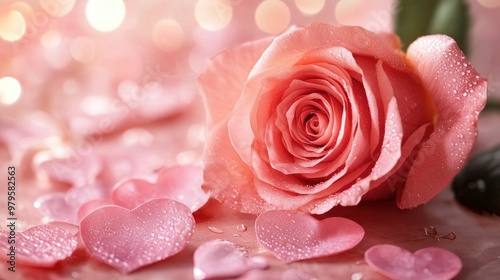 Banner Of Soft Pink Rose With Heart Shaped Petals On Romantic Background - Valentine's Day Concept with generative ai