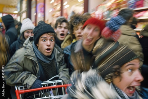 Holiday shopping rush, people racing for gifts in malls, a chaotic consumerism spectacle