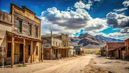 Weathered wooden storefronts and crumbling adobe buildings line a dusty main street, surrounded by rugged desert landscape and vast, open skies in a forgotten era. photo