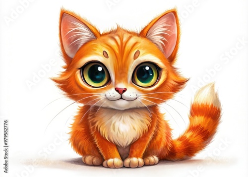 Whimsical hand-drawn illustration of a curious cat with vibrant orange fur, big eyes, and a playful expression, set against a clean white background.