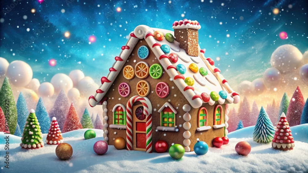 Whimsical illustration of a colorful, intricately designed gingerbread house adorned with candy canes, gumdrops, and icing, set against a soft, snowy winter background.