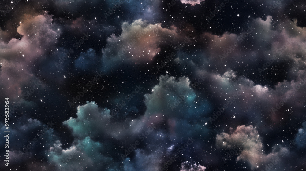 Naklejka premium Misty Night Sky Pattern: A seamless black night sky pattern with misty clouds and a scattering of stars, creating a sense of cosmic and mystical light