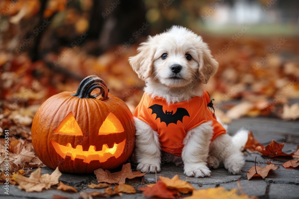 Puppy dog in halloween costume sitting next to carved pumpkin with spooky decorations and autumn leaves. Puppy dog in halloween costume sitting next to carved pumpkin with spooky decorations and autumn leaves.