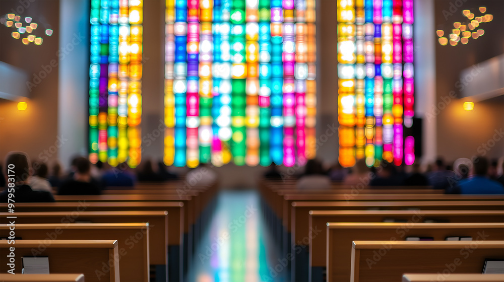 Stained glass windows illuminate a church during a weekend service filled with worshippers Stained glass windows illuminate a church during a weekend service filled with worshippers