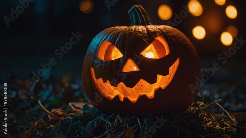 Glowing jack-o'-lantern pumpkin for spooky halloween night