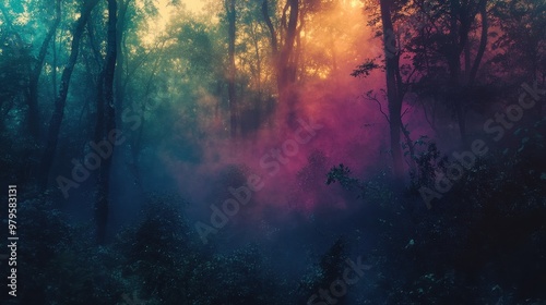 Enchanting Forest Landscape with Magical Mist and Warm Lighting