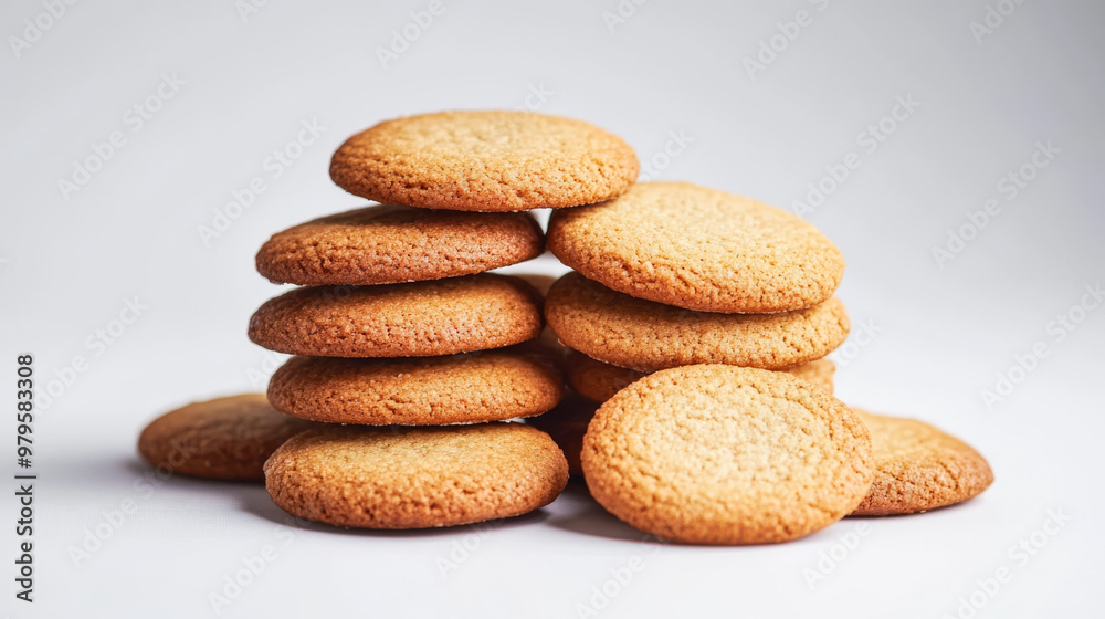 A pile of round cookies against a plain background. A pile of round cookies against a plain background.