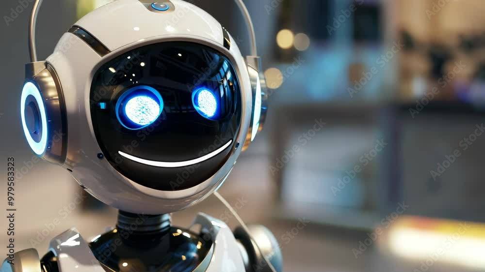 A friendly, futuristic robot with a sleek white design and bright blue eyes, equipped with headphones, embodies innovation in a modern, inviting tech environment. A friendly, futuristic robot with a sleek white design and bright blue eyes, equipped with headphones, embodies innovation in a modern, inviting tech environment.