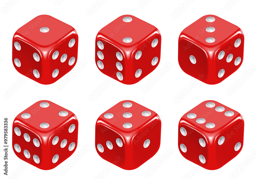 Red dice with white dots. Vector set isolated on white background. 3d dice. Red dice with white dots. Vector set isolated on white background. 3d dice.