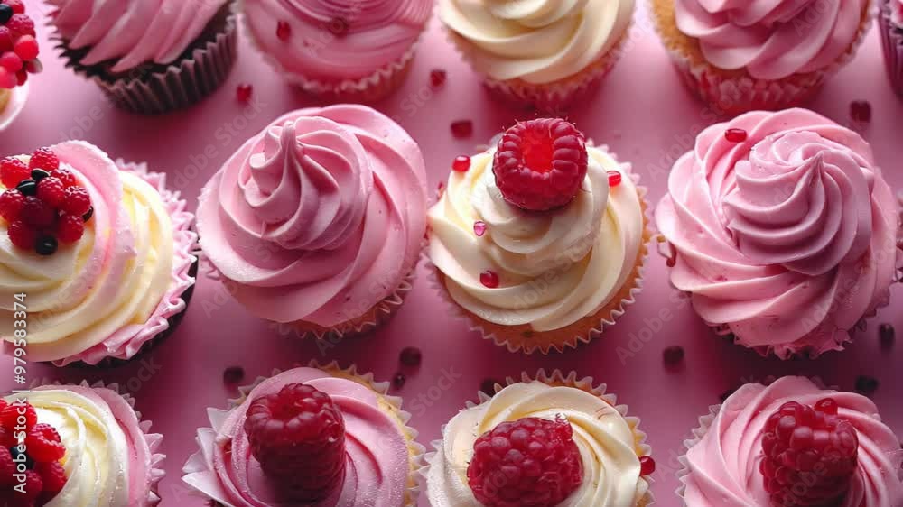 A vibrant display of cupcakes topped with creamy pink buttercream, fresh raspberries, and sprinkles. Perfect for blogs, tutorials, and promotional materials in the culinary world. A vibrant display of cupcakes topped with creamy pink buttercream, fresh raspberries, and sprinkles. Perfect for blogs, tutorials, and promotional materials in the culinary world.