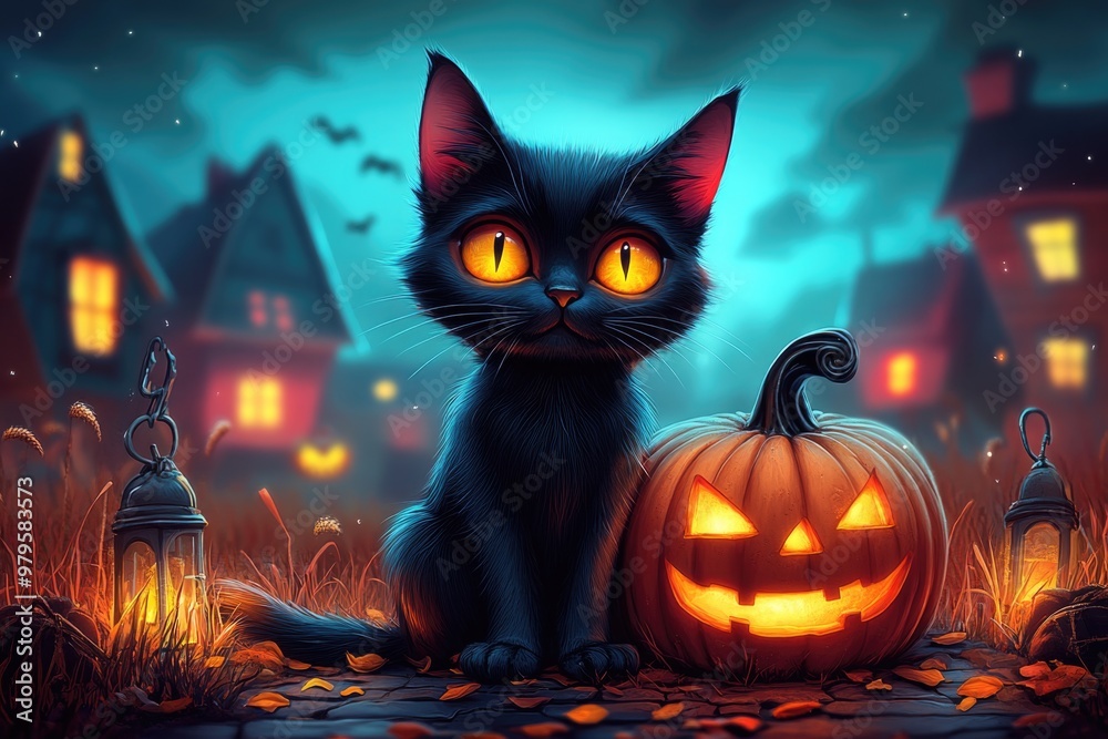 Mystical halloween night with black cat and glowing jack-o'-lantern. AI Mystical halloween night with black cat and glowing jack-o'-lantern. AI