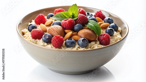 Healthy breakfast bowl filled with warm oatmeal porridge topped with fresh raspberries, blueberries, and crunchy almonds, isolated on a clean white background.