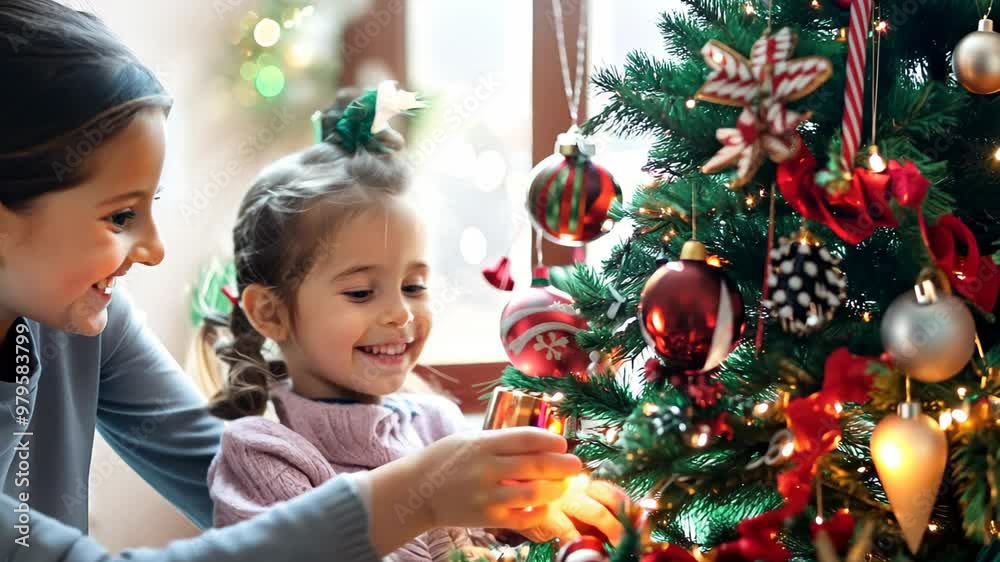 A mother and her young daughter joyfully decorate a Christmas tree, surrounded by warm lights and a cozy atmosphere, highlighting family bonding and holiday spirit. A mother and her young daughter joyfully decorate a Christmas tree, surrounded by warm lights and a cozy atmosphere, highlighting family bonding and holiday spirit.