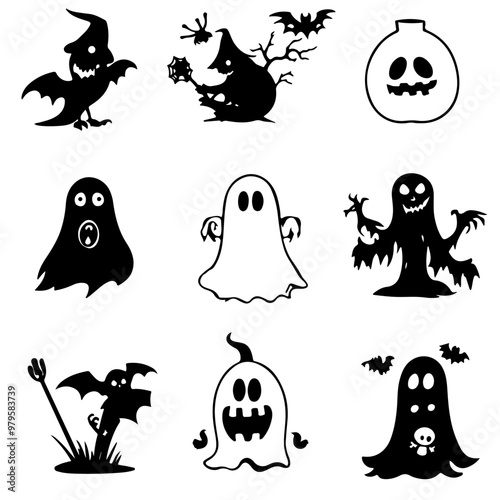 halloween icons set spooky ghosts