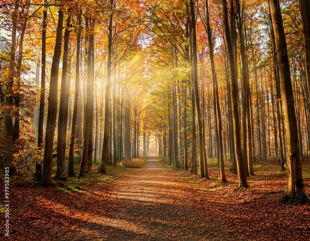 path among trees in fall autumn theme yellow fallen leaves sun beam across path among trees in fall autumn theme yellow fallen leaves sun beam across