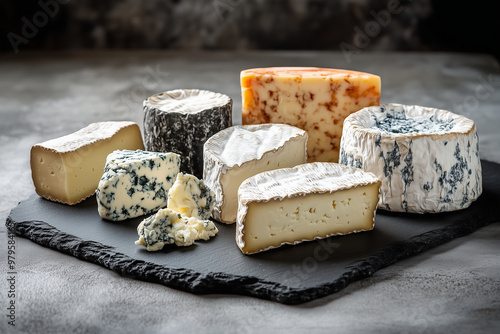 an elegant cheese platter with a variety of cheeses including Brie, Gouda, and Cheddar ,  Manchego, Gorgonzola, and Havarti , Camembert, Asiago, and Blue cheese arranged on a sleek, a gourmet market photo