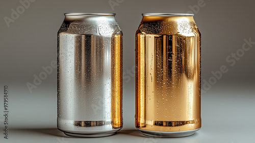 A close-up of two metallic drink cans, one silver and one gold, covered in condensation droplets. The minimalist design emphasizes the sleek, reflective surfaces of the cans. photo