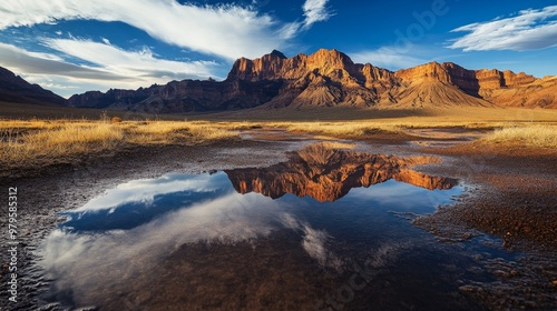 Majestic Mountain Ranges Reflected in Desert Puddles - Vast Landscape Scenery