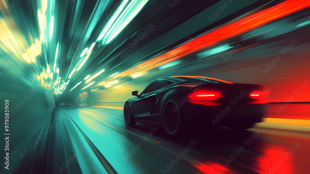 A car speeding through a dimly lit tunnel, motion blur effect emphasizing fast-paced travel. Dimly Lit. Illustration A car speeding through a dimly lit tunnel, motion blur effect emphasizing fast-paced travel. Dimly Lit. Illustration