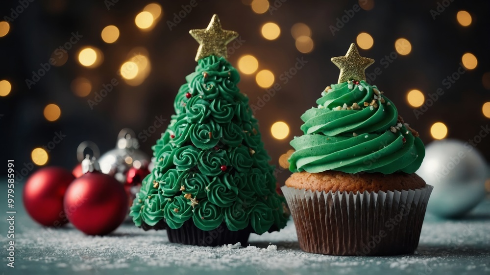 Green christmas tree cupcake with festive decorations Green christmas tree cupcake with festive decorations